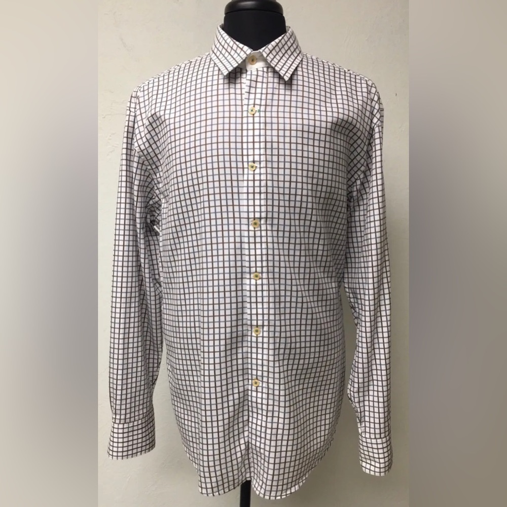 Robert Graham White Tattersall Dress Shirt Size 2XL Blue Brown Preppy Check Nice